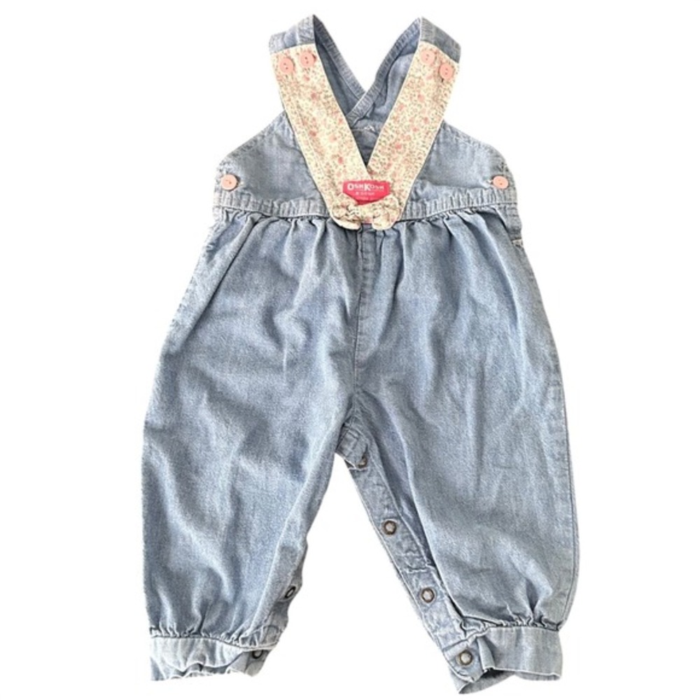 OshKosh B'gosh Overalls Girls 18M Blue Floral Vestbak Vintage Denim Bow Pink‎
